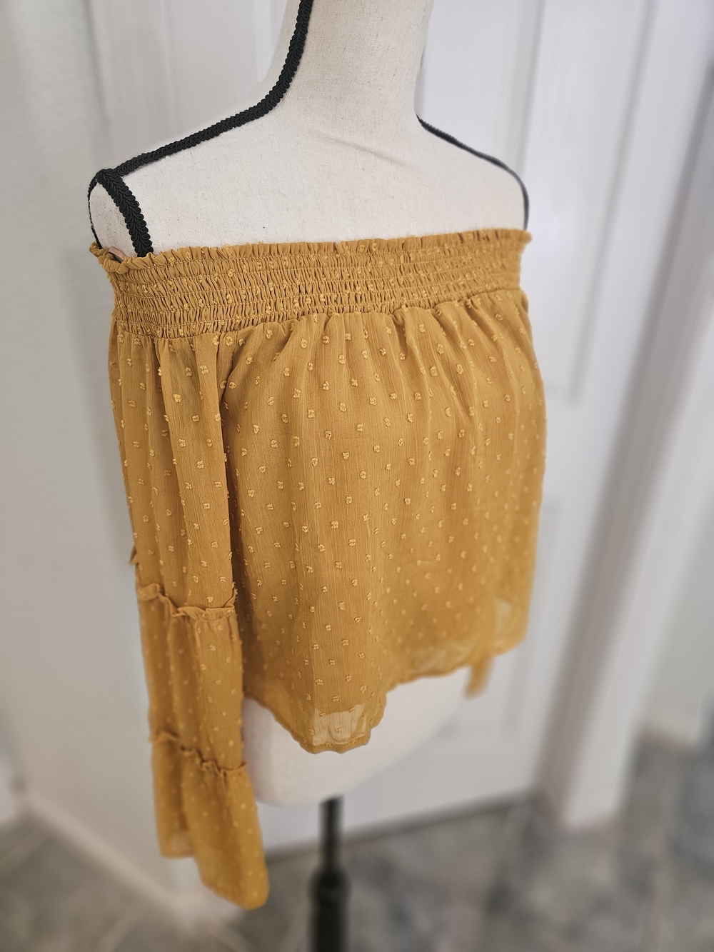 Pink Lily Mustard Off-Shoulder Swiss Dot Blouse